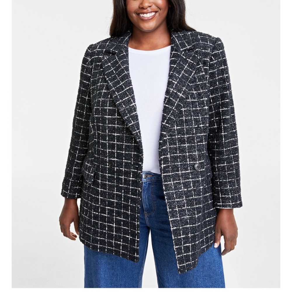 On 34th brand Metallic Windowpane Plaid Black White Silver Tweed Blazer Jacket